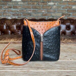 Vintage Genuine Ostrich Leather Borse in Pelle Crossbody Handbag Black Cognac